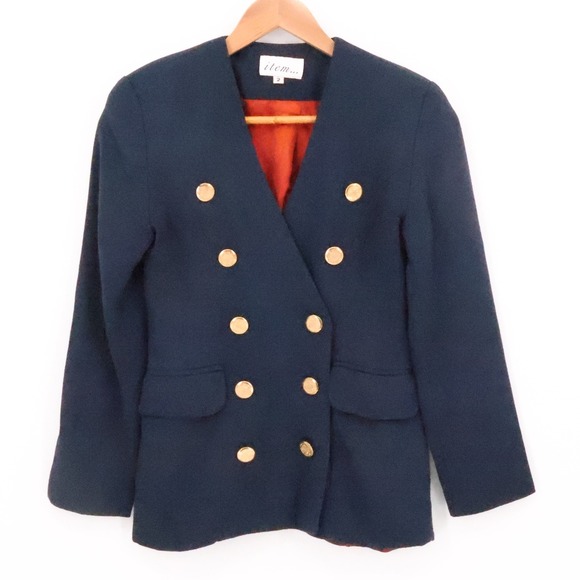 Item... Jackets & Blazers - Vintage Military Style Blazer Womens Preppy Navy Wool Blend Gold Button Size 2